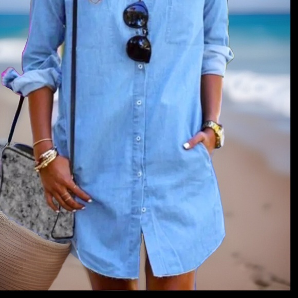 Demin Beach Collar Button Up Roll Up Sleeves Long Dress Shirt - Picture 4 of 9